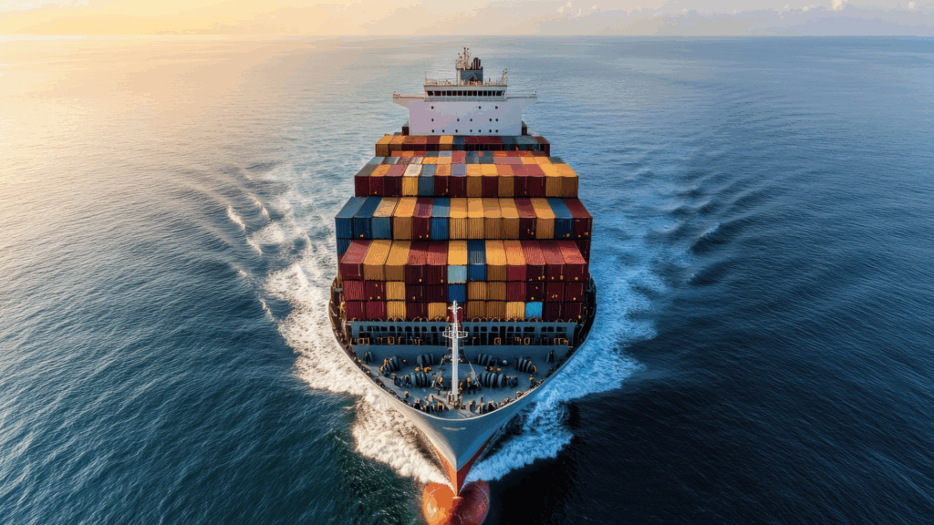 Ein großes Container Schiff beladen mit Containern unterwegs am großen Ozean