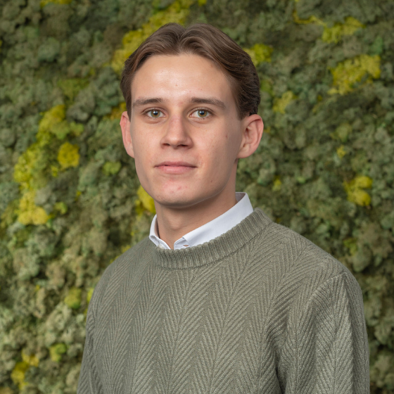 Personenportrait David Herz. Grüner Pulli über weißem Hemd. Der Hintergrund ist eine begrünte Wand.