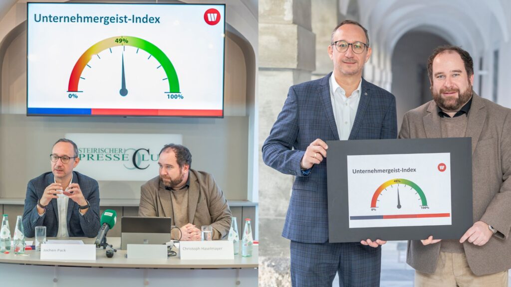 Jochen Pack und Christoph Haselmayer, zwei Männer in Anzügen präsentieren den Unternehmerradar auf einem Schild ausgedruckt.