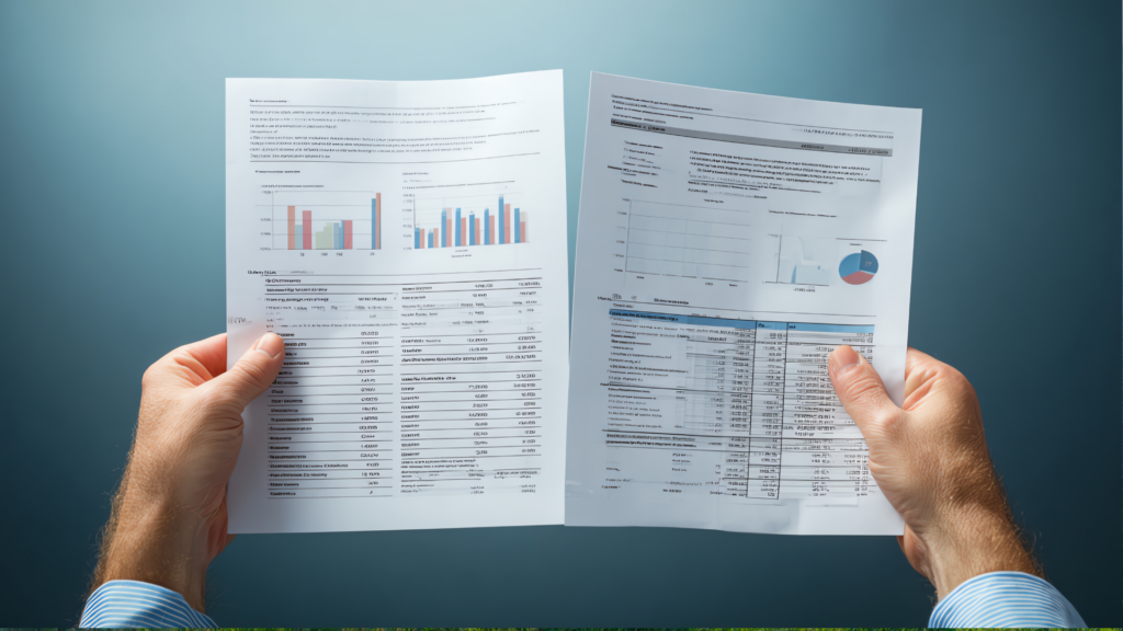 2 Blätter mit Zahlen und Diagtrammen