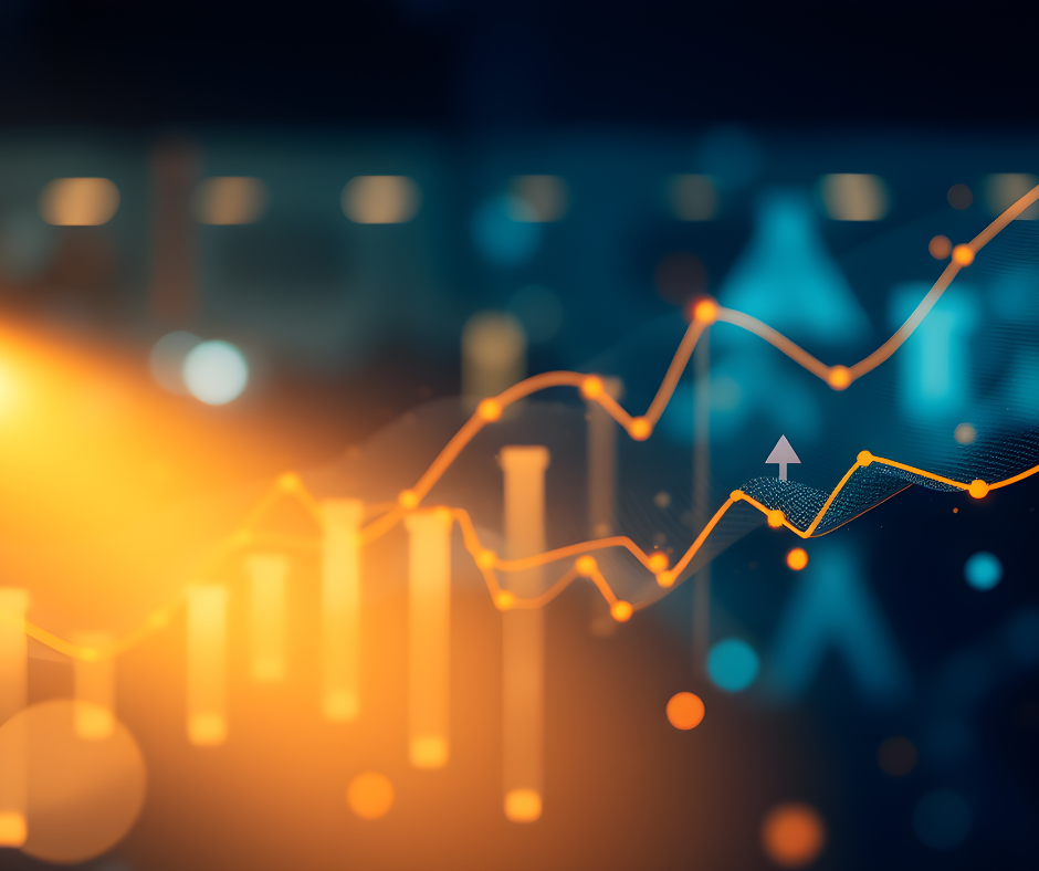 Bild in gelb und blau das ein Datendiagramm auf einer durchsichtigen Glaswand herzeigt. Im Hintergrund ein futuristisch ausschauender Hintergrund.