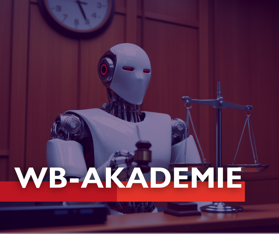 Künstliche Intelligenz als Richter mit Waage und Richterhammer im Gerichtssaal – Symbolbild für KI und Recht bei der WB‑AKADEMIE