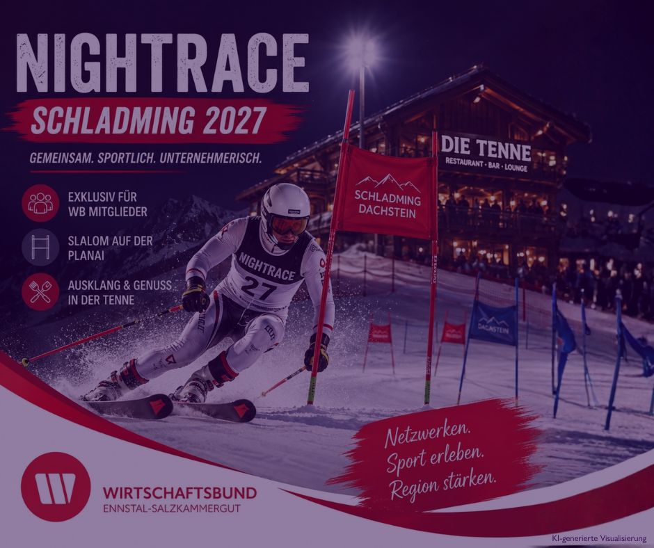 Skifahrer beim Nightrace Schladming 2027 auf der beleuchteten Planai – Wirtschaftsbund Ennstal-Salzkammergut beim legendären Nachtslalom.